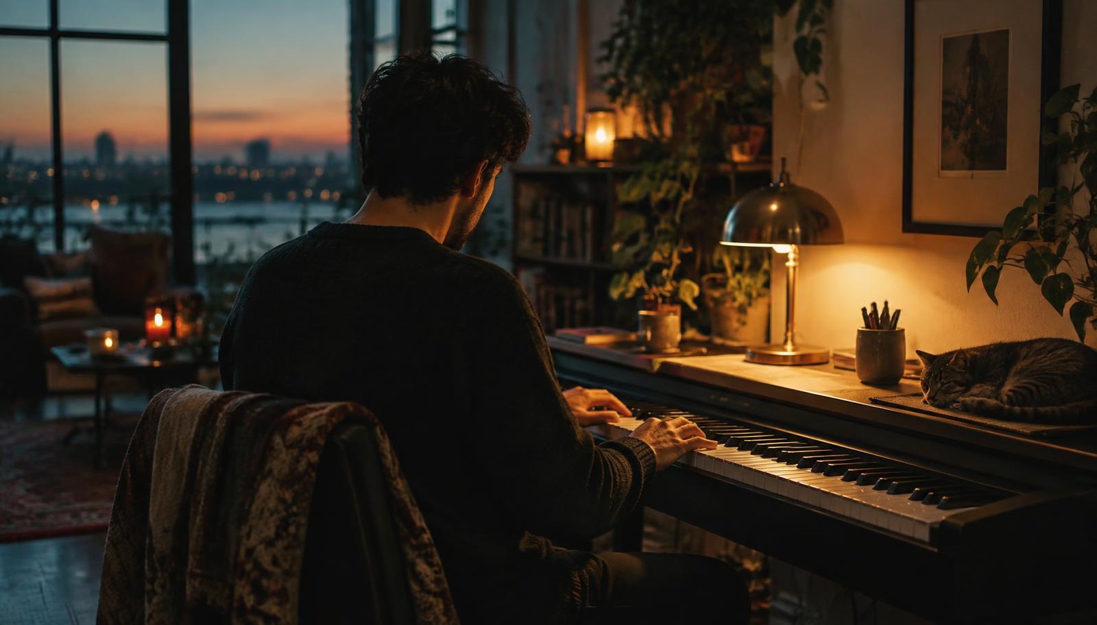 A person practicing at a keyboard in a warm, softly lit room